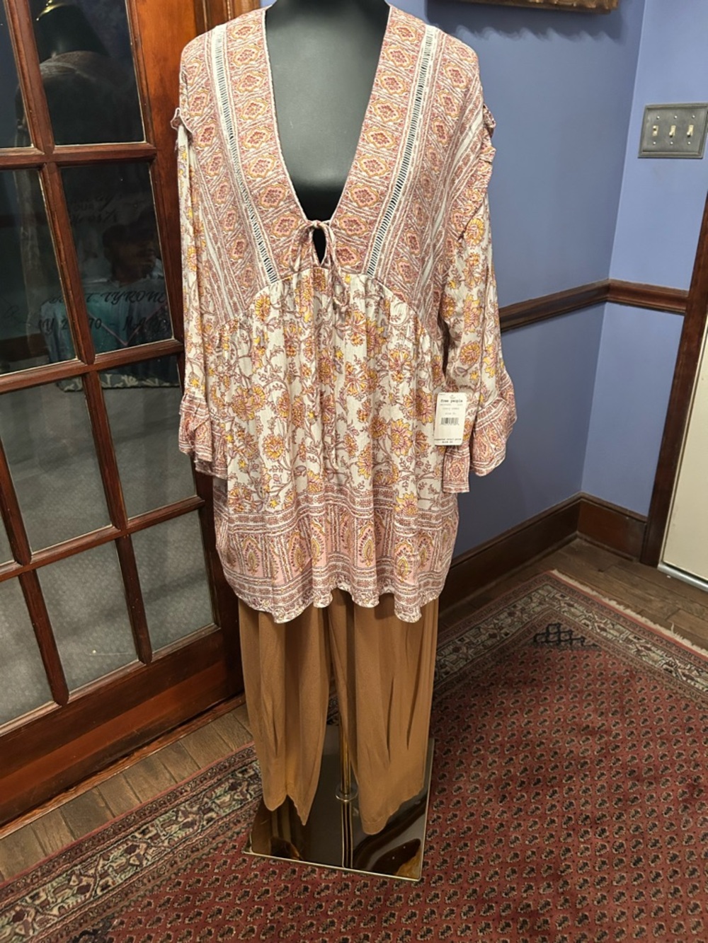 Free People Ivory Combo Floral Paisley Peasant Blouse